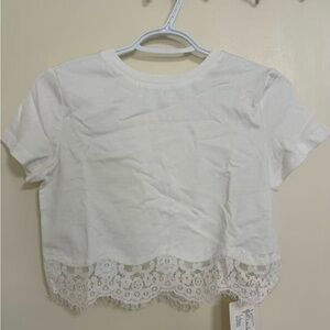 Girls White Lace-Hem Tee - Brand